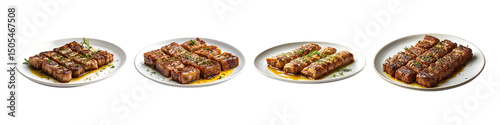 Grilled churrasco meat slices on white plate on a transparent background
