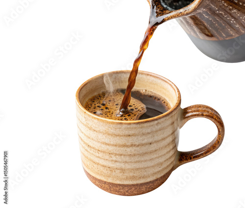 A tasty coffee being poured into a rustic ceramic mug isolated on a transparent background png drinks design 