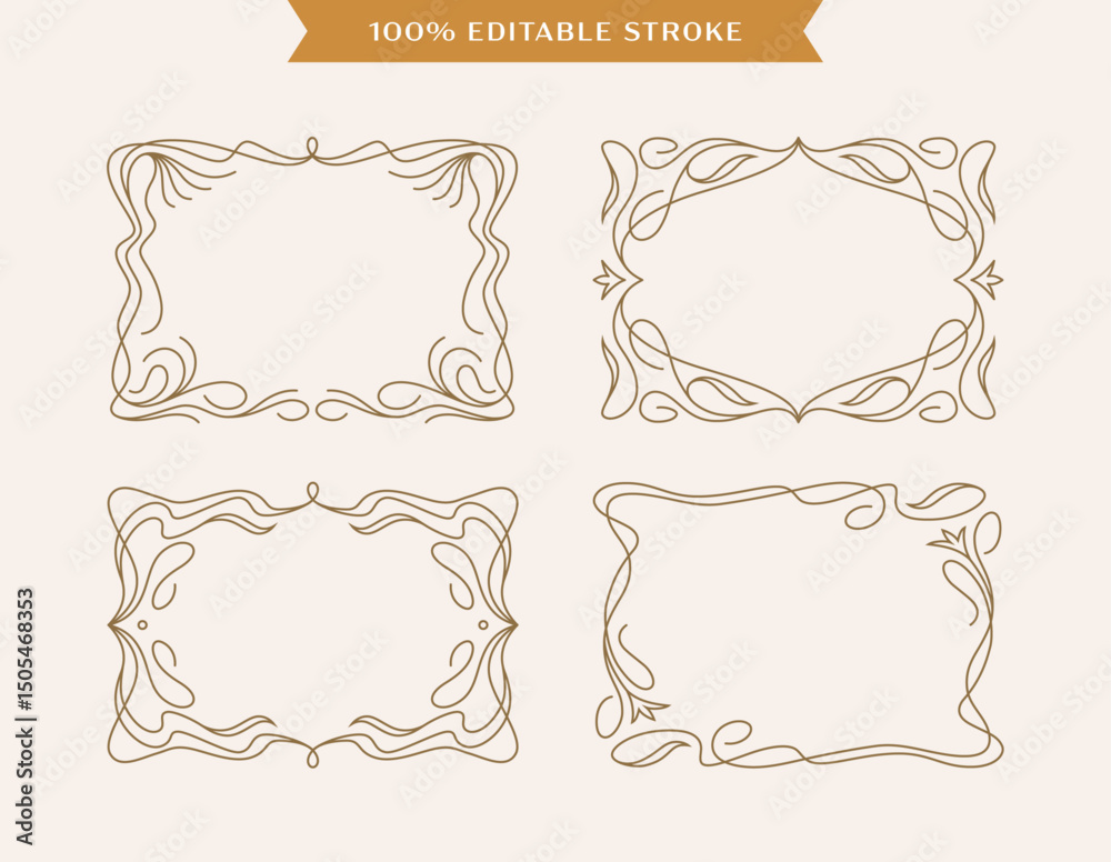 Horizontal ornate frames set in retro style. Modern Art Nouveau design elements, logo, label, floral borders with editable stroke.