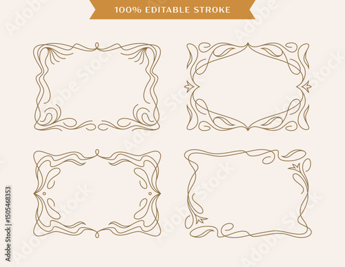 Horizontal ornate frames set in retro style. Modern Art Nouveau design elements, logo, label, floral borders with editable stroke.