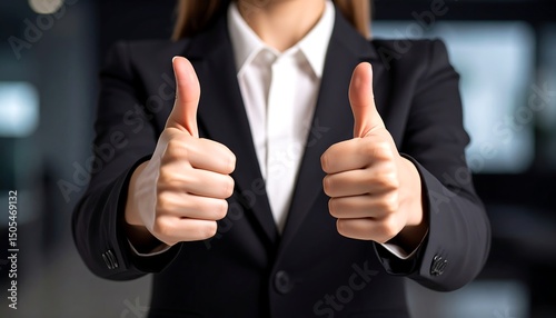 Businesswoman giving thumbs up.