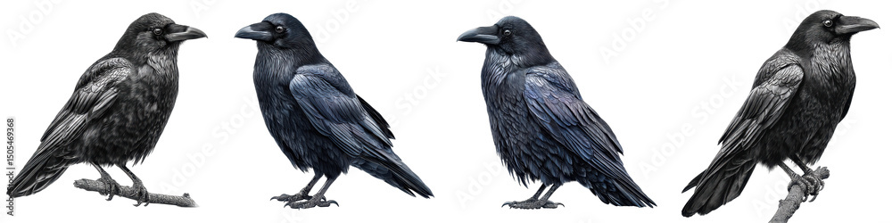 Fototapeta premium black crow perched sharp detailed feathers isolated on Transparent Background 