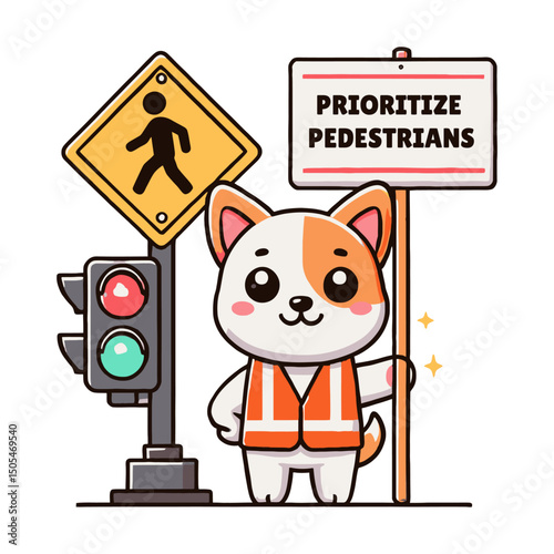 Cute Dog Promotes Pedestrian Safety Near Traffic Light with Prioritize Sign