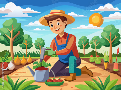 vector of Sar Sabz farm with planting all kinds of vegetables and watering them by the young farmer