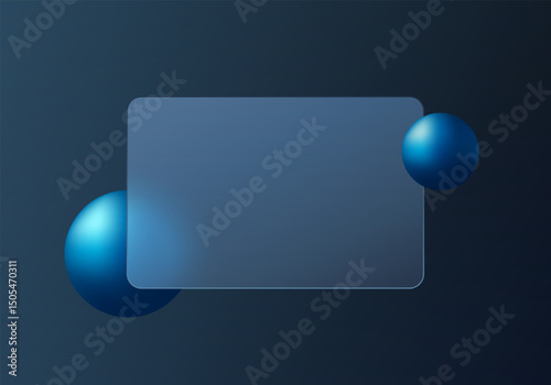 Dark blue background in glass morphism style with glowing spheres.