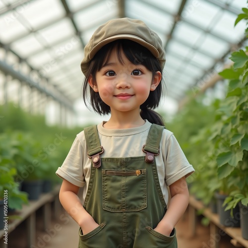Cute Asian girl standing in cap and overalls standing in greenhouse