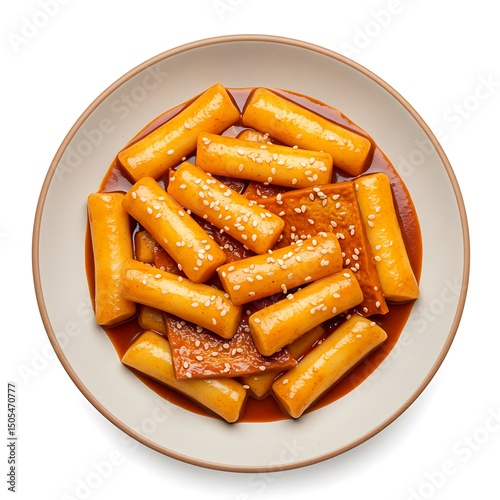 tteokbokki spicy rice cakes with sesame seeds, top down view , isolated on white background
