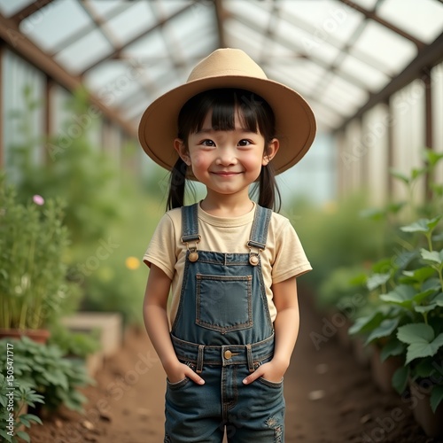Cute little girl standing in hat and overalls