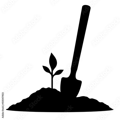 Silhouette of pickaxe and seedling in soil – farming and garden cultivation tool