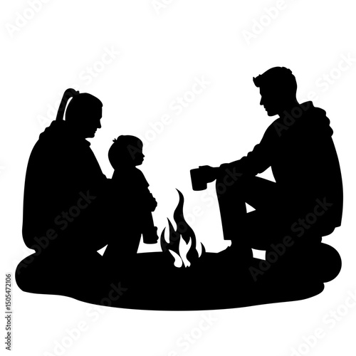 Silhouette of group sitting around campfire – outdoor gathering and connection