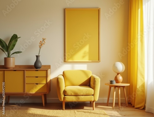 Corner with rounded furniture, 70s poster, Soft Yellow accents, decorative globe lamp
