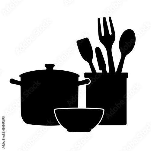 Silhouette of camping cookware set with bamboo utensils – sustainable outdoor cooking