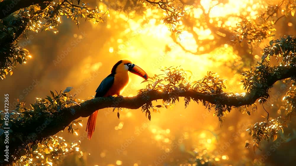 Toucan perched on branch at sunrise