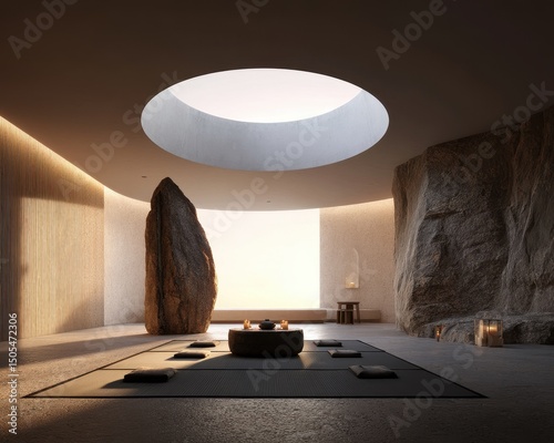 Tranquil interior space with a large rock and natural light.