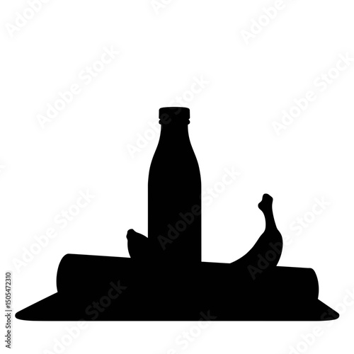 Silhouette of almond milk bottle and banana with mat – post-workout nutrition