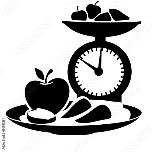 Silhouette of scale with fruit and protein dish – nutrition and calorie awareness