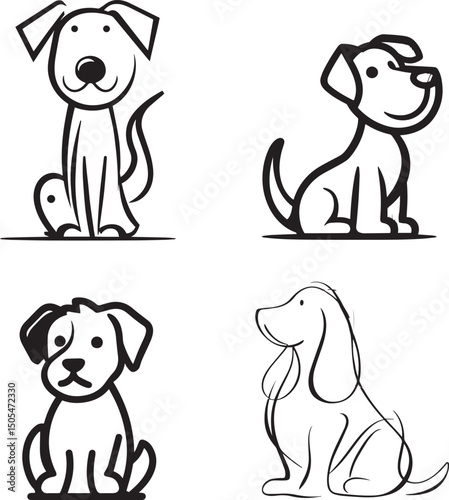 Cute Dog Line Art Set. Minimal Puppy Cartoon Vector Icon