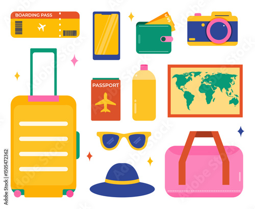 Travel Kit Set. Tourist bag and accessories. Backpack, suitcase, passport, camera and equipment. Flat graphic vector illustration