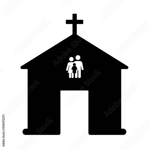 Silhouette of clinic building with cross and family – community healthcare symbol