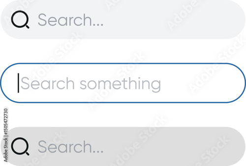 Search Field, State, Placeholder, Focused, Typing, magnifying, cross, close, Type. Search bar boxes set. Web UI elements for browsers with text field and button for UI.