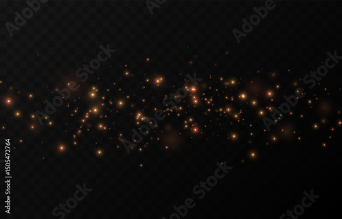 Golden glow dust png. Spraying glitter on isolated transparent background. Sparkling light or sparkling dust png. Christmas light.