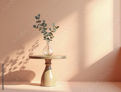 Simple round pedestal table with glass vase and eucalyptus branch, ray of light on Dusty Peach wall




