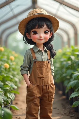Cute little girl standing in hat and overalls on greenhouse background