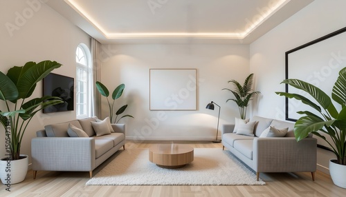 Simple modern living room with beige walls, grey wooden furniture and a soft grey sofa. The interior is decorated with indoor plants, looking minimalist, shady and clean.