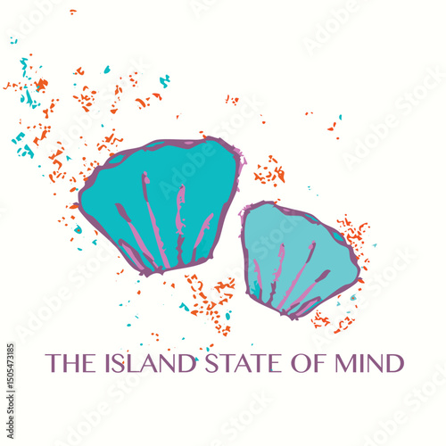 Vibrant Seashell Vector with Island-Themed Quote The Island State of Mind. Whimsical illustrated shells with calming text, perfect for mindfulness content, tropical branding, wellness marketing