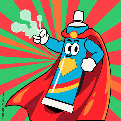 cheerful superhero toothpaste in cape and gloves, spraying bubbles on comic style background, perfect for educational theme. manually hand traced