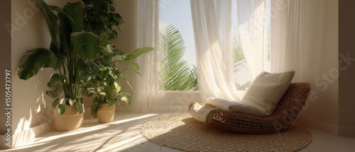 Sunlight streams into a peaceful corner seating area.