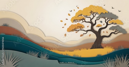 Paper cut art depicting trees and birds soaring over a vibrant green field under a clear blue sky.
