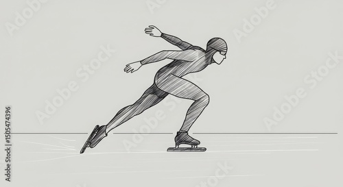 Skater in Motion, Detailed Line Drawing, Ice Skating