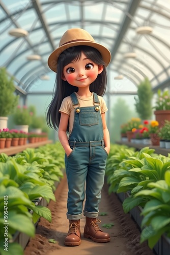 Cute little girl gardener standing in hat and overalls on greenhouse background