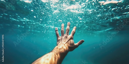 Underwater view: hand reaching towards sunlit surface, surrounded by bubbles. Hope and struggle.