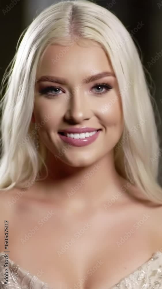 Close-up beauty video of a stunning young blonde woman with a bright smile. Wavy platinum hair, natural makeup, elegant look. Dark studio background, portrait animation.
Close-up beauty video of a stunning young blonde woman with a bright smile. Wavy platinum hair, natural makeup, elegant look. Dark studio background, portrait animation.