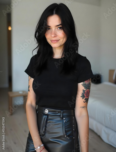 portrait of a tattooed woman wearing plain black tshirt, women tshirt mockup , black tshirt mockup