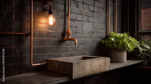 Industrial-style sink with copper pipes and plants.