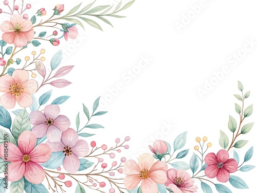 Watercolor floral border design with pink and blue flower arrangements elegant