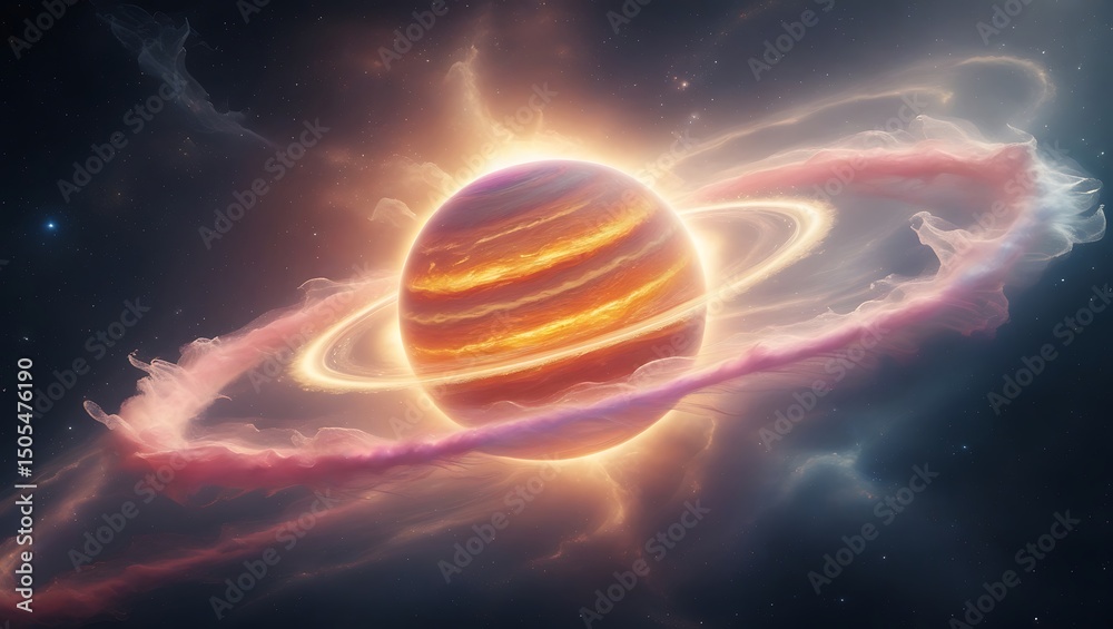 Obraz premium Fiery Planet with Glowing Rings in Cosmic Nebula Stunning Space Art