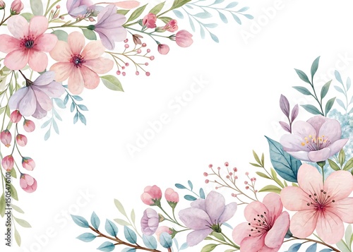Elegant watercolor floral arrangement with soft pastel colors and ample white space