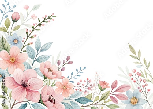 Elegant Watercolor Floral Frame with Light Pink and Blue Flowers Arrangement