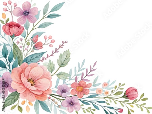 Watercolor floral arrangement, beautiful corner design for invitation or greeting cards