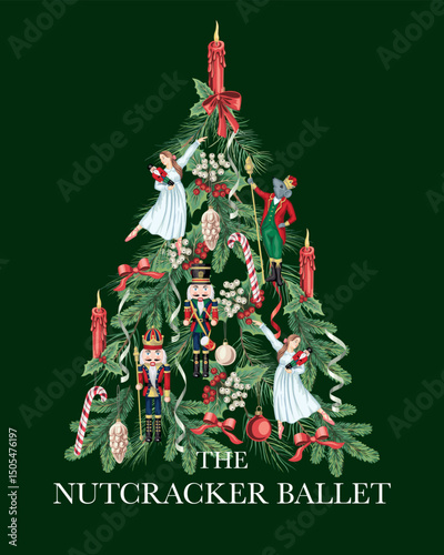 Nutcracker, ballerina, mouse king, candy cane, candle, bow, mistletoe, serpentine, fir branch, Christmas tree. Ballet winter poster.	