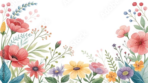 Watercolor floral frame with poppy and daisy flowers for cards and invitations