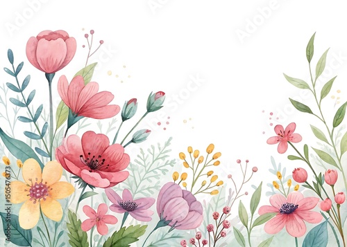 Watercolor floral arrangement featuring pink, purple and yellow flowers with green leaves