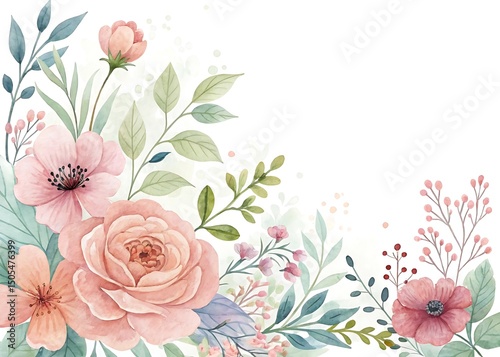 Watercolor floral arrangement with roses, leaves, and delicate accents on white background