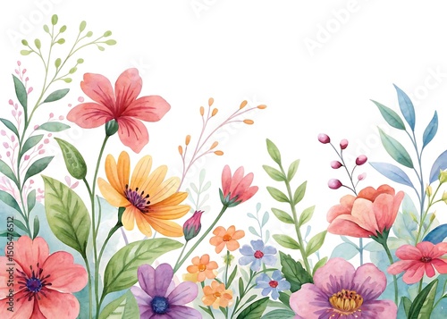 Watercolor floral arrangement with pink, purple, and yellow flowers on white background