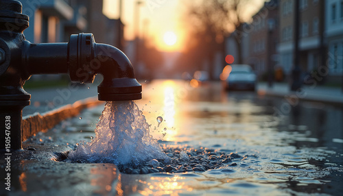 Water flowing from a street faucet on a wet road at sunset  