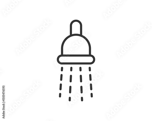 Simple line art icon of a shower head with water droplets falling. Symbolizes cleanliness, hygiene, washing, bathroom, and relaxation. Use for web design, app icons, or print materials.